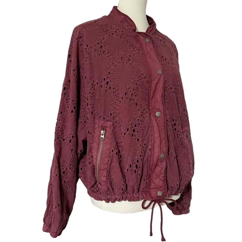 Free People Daisy Jane Eyelet Embroidered Bomber Jacket In Raspberry